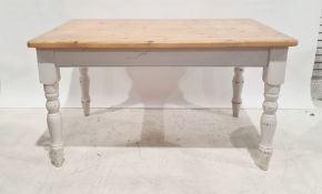 20th century pine kitchen table on cream painted base with turned legs, 85.5cm x 136cm