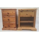 Pine bedside chest of three drawers and a pine bedside table with brushing slide, single drawer