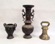 Large brass bell weight and two Oriental bronze-effect vases (3)  Condition ReportThe weight