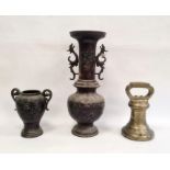 Large brass bell weight and two Oriental bronze-effect vases (3)  Condition ReportThe weight