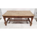 Possibly 19th century pine rectangular table with drawer to frieze, turned and block supports,