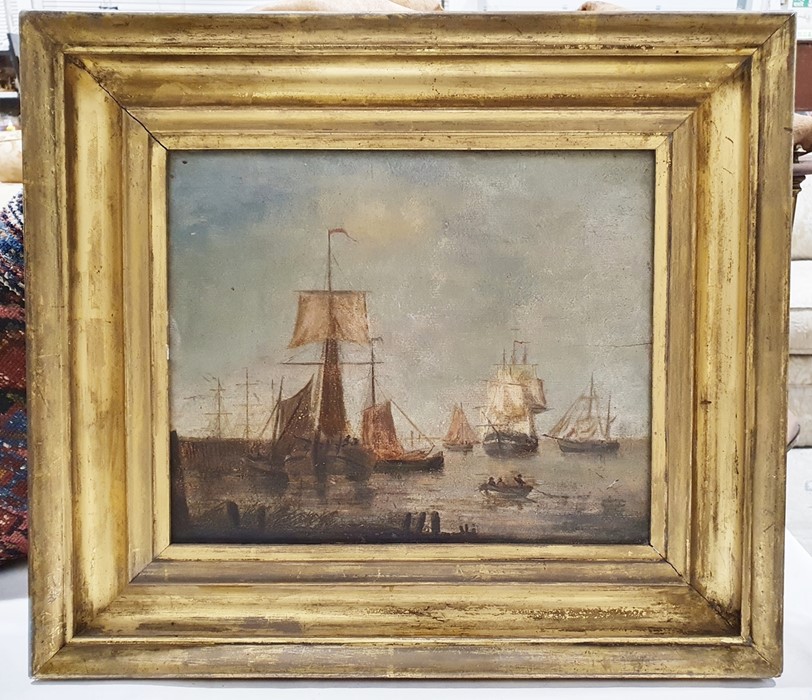 19th century school Oil on panel  Ships at harbourside with figures in a rowing boat Unsigned - Image 2 of 2