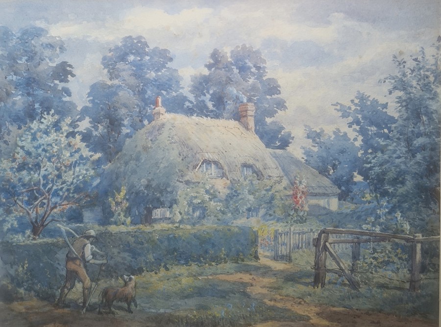 19th century school Watercolour drawing Man with dog outside thatched cottage, unsigned, 22cm x 29cm