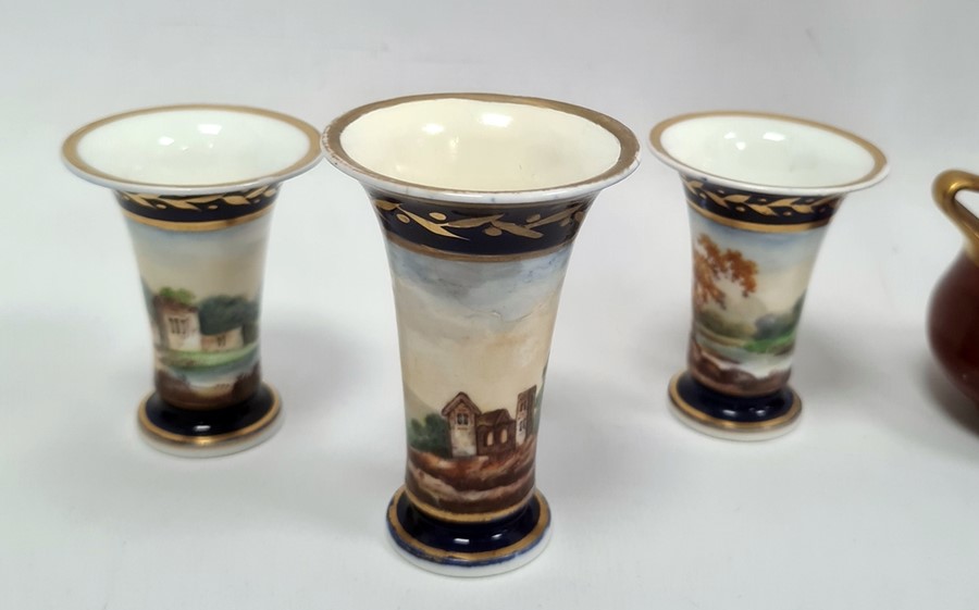 Garniture of three English porcelain blue ground spill vases, circa 1820 painted with a continuous - Image 2 of 11