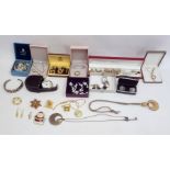 Quantity of costume jewellery including a diamante bracelet, assorted stud earrings, necklaces,