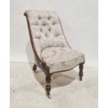 Victorian rosewood framed salon chair, button back upholstery, serpentine fronted seat, turned