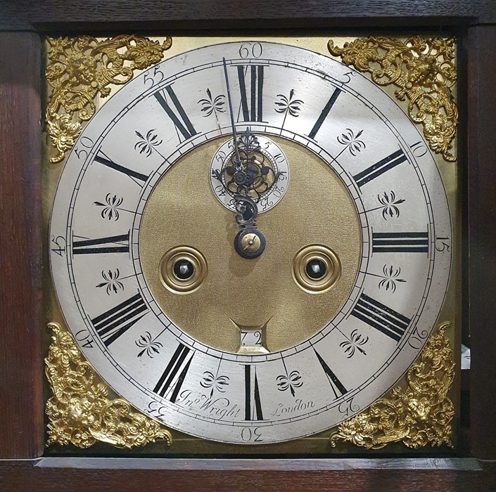 Oak longcase clock with raised pediment, having curved sides, three ball finials, square brass - Image 2 of 20