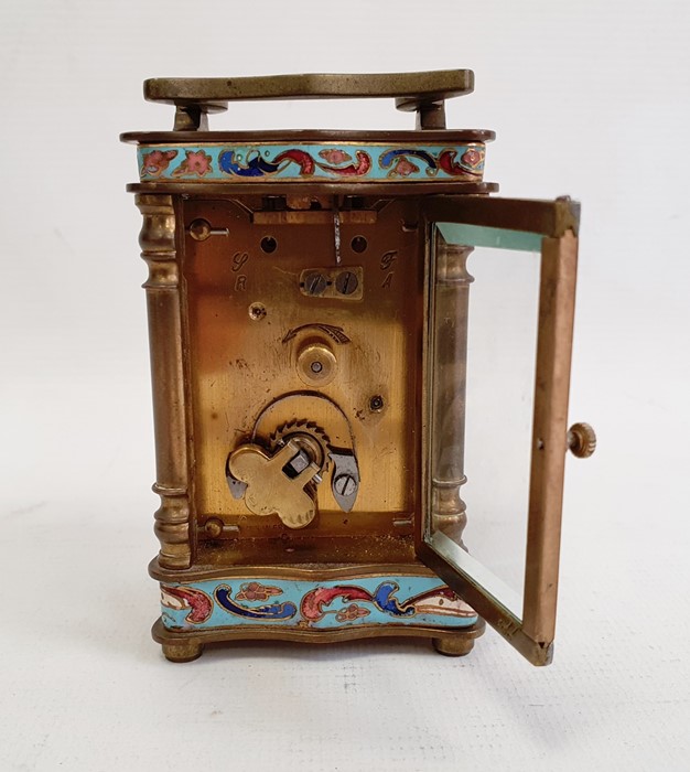 Early 20th century French miniature brass and enamel carriage timepiece with enamelled borders, 10. - Image 5 of 7