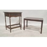 20th century trapezoidal single drawer side table on turned supports, stretchered base and a