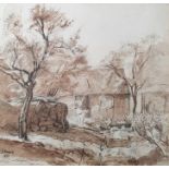 E Payne  Watercolour drawing  Figure at work beside farm building, en grisaille, signed and dated
