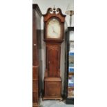Georgian mahogany and oak longcase clock with swan-neck pediment, the painted broken arch dial