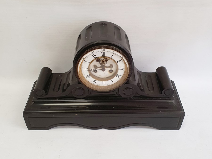 Victorian black slate mantel clock, drum-shaped movement, on scroll and shaped plinth base, with - Image 2 of 4