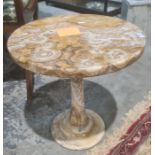 Polished stone circular coffee table on single pedestal and one further (damaged)