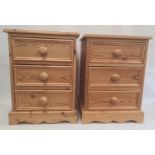 Pair of 20th century pine three-drawer bedside chests, 44cm x 60cm (2)