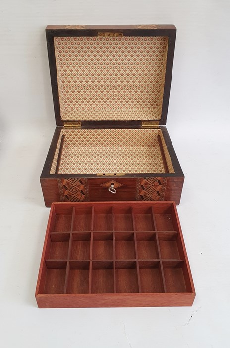 Victorian Tunbridgeware and walnut workbox with removable section tray, two bands of geometric - Image 3 of 23