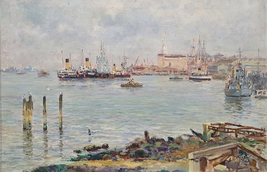 A. Nickolsky (20th century) Oil on canvas Harbour scene Signed lower right and dated 1964 49.5cm x