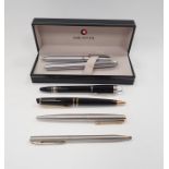 Modern Sheaffer fountain pen and biro set both with brushed metal cases and in fitted case, a