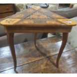 Modern marquetry inlaid triangular topped musical lift-top occasional table to cabriole legs