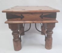 Eastern hardwood square-topped coffee table with iron bindings, turned supports, 44.5cm x 40cm