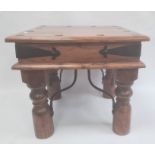 Eastern hardwood square-topped coffee table with iron bindings, turned supports, 44.5cm x 40cm