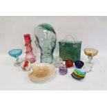 Blue and ochre mottled handbag-shaped glass vase, an aqua glass female bust, a cranberry vase, six