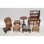 Assorted miscellaneous furniture to include small stools, magazine rack, cane seated stool, circular
