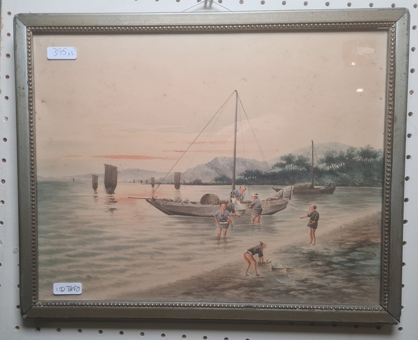 Chinese school Watercolour drawings Fishermen at the water's edge unloading fish, 23cm x 29.5cm - Image 3 of 4