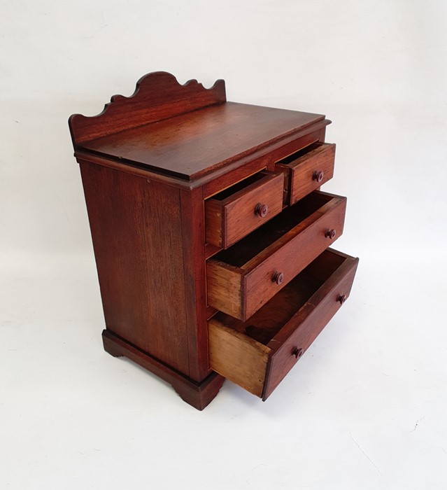 Stained wood miniature chest of drawers with raised shaped back, of two short and two long - Image 3 of 3