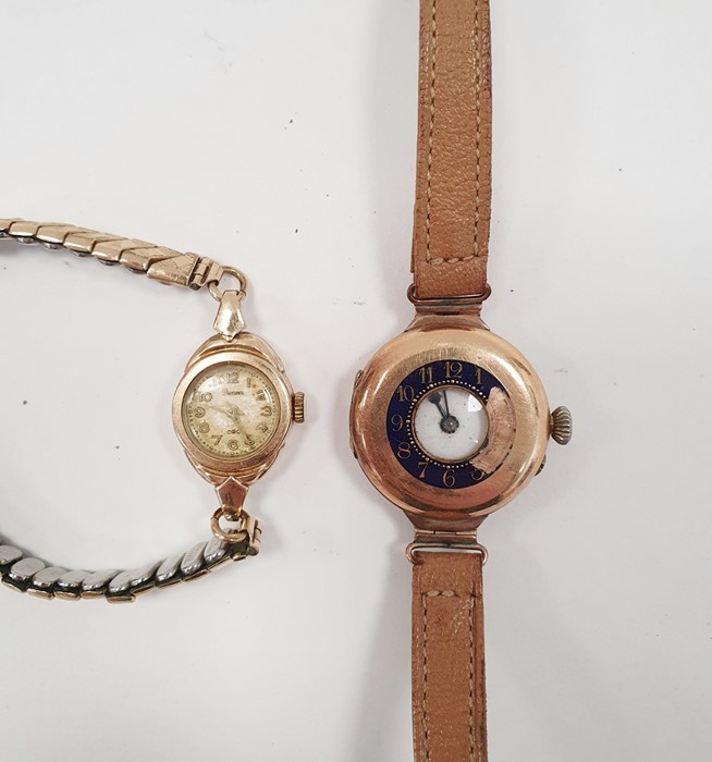 9ct gold half-hunter strap watch, the exterior case with enamelled dial (damaged), the interior - Image 2 of 2