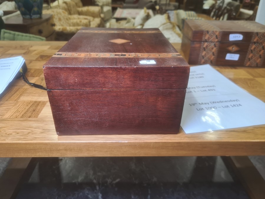 Victorian Tunbridgeware and walnut workbox with removable section tray, two bands of geometric - Image 12 of 23