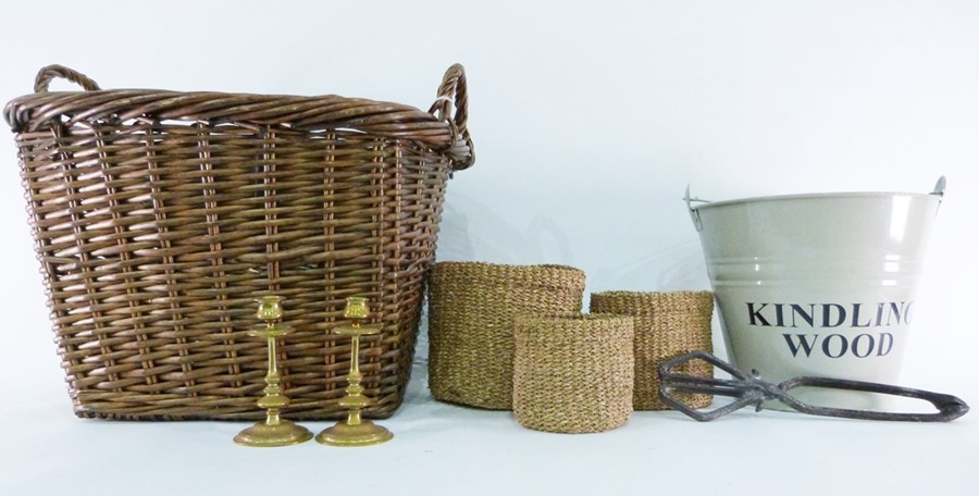 Large wicker basket, a galvanised metal bucket, a cine camera, brass candlesticks, a wooden stool - Image 2 of 6