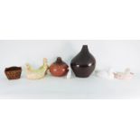 Assorted vases, a steel teapot, a lampshade, four ceramic models of ducks, a large black modern