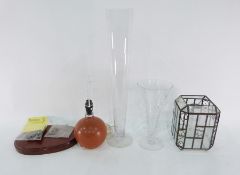 Assorted glassware, glass vase, Whitakers Gin over-sized glass, terracotta table lamp, bullet