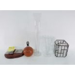 Assorted glassware, glass vase, Whitakers Gin over-sized glass, terracotta table lamp, bullet