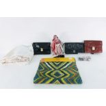 Assorted table linen, two handbags, quilt, doll in Japanese traditional dress and storage baskets