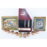 Assorted framed prints, zita, lidded terracotta small pots, a Habana wooden cigar box, a clockwork