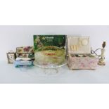 Moulded glass cake plate in original box, marked 'Annette', assorted prints, a sewing basket, a