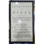 Various framed prints to include a reproduction 'Catalogue of Wines... sold by auction by Mr