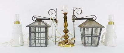 Pair of lead and glass outdoor lanterns with cast iron fixings, 22cm high, a pair of white ceramic