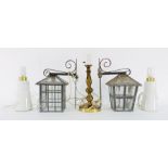 Pair of lead and glass outdoor lanterns with cast iron fixings, 22cm high, a pair of white ceramic