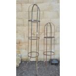 Two wrought iron round obelisk plant supports with fleur-de-lys finial, each 36cm diameter, 213cm