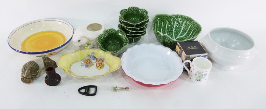 Various cabbage leaf plates marked 'Made in Portugal', ceramic rabbit vase, Whittard 'The Chatsford'