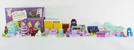 Assorted childrens games including 'Five Little Monkeys', dolls house furniture (2 boxes)