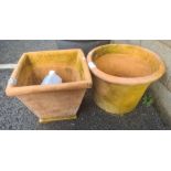 Two large ceramic planters, one round flared, 50cm diameter and the other square (2)