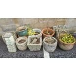 Nine various garden planters, largest 36cm diameter, cast bird bath and ornamental squirrel