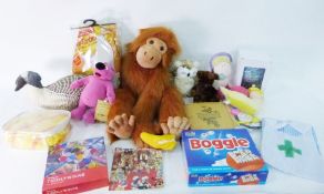 Quantity of soft toys and games, six-light mobile light in original box, assorted materials and
