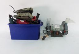 150W bench grinder and assorted other tools Condition Reportin the box there is ; 1/3 sheet sander -