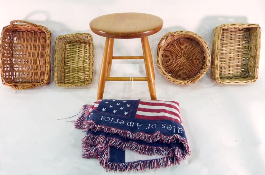 Large wicker basket, a galvanised metal bucket, a cine camera, brass candlesticks, a wooden stool - Image 3 of 6