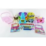 Collection of soft toys and childrens toys to include Etch a Sketch, elephant ball game, small piano