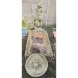 Rectangular stone trough, 73cm x 44cm, reconstituted stone figure and plaque of female head and